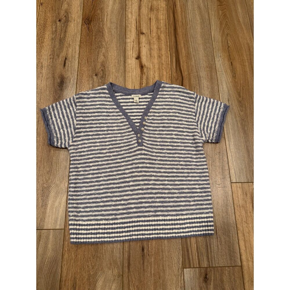 L.L. Bean Womens Midweight Cotton Slub Sweater Henley Short Sleeve Stripe Small